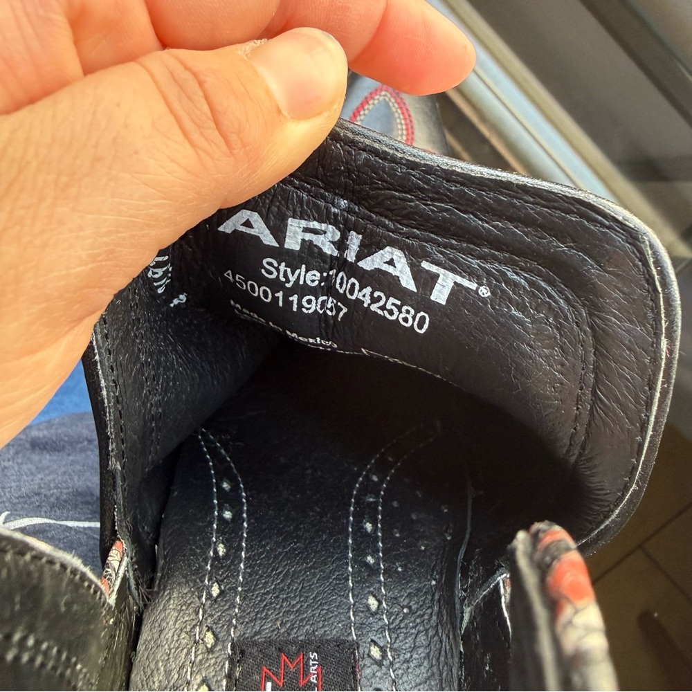 Ariat Black Ankle Booties with Red and Brown Western Stitching - Picture 9 of 11